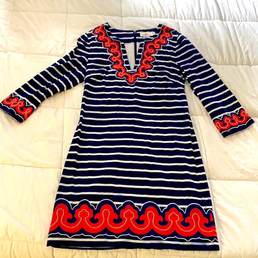 Vineyard Vines Nautical Blue and White Stripe 3/4 Sleeve Dress 0